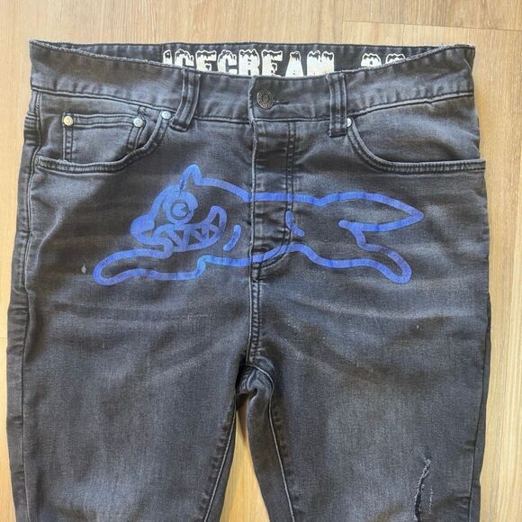 Icecream Jade Black Jeans Size 32 Blue Running Dog Graphic Distressed Streetwear - Picture 2 of 16